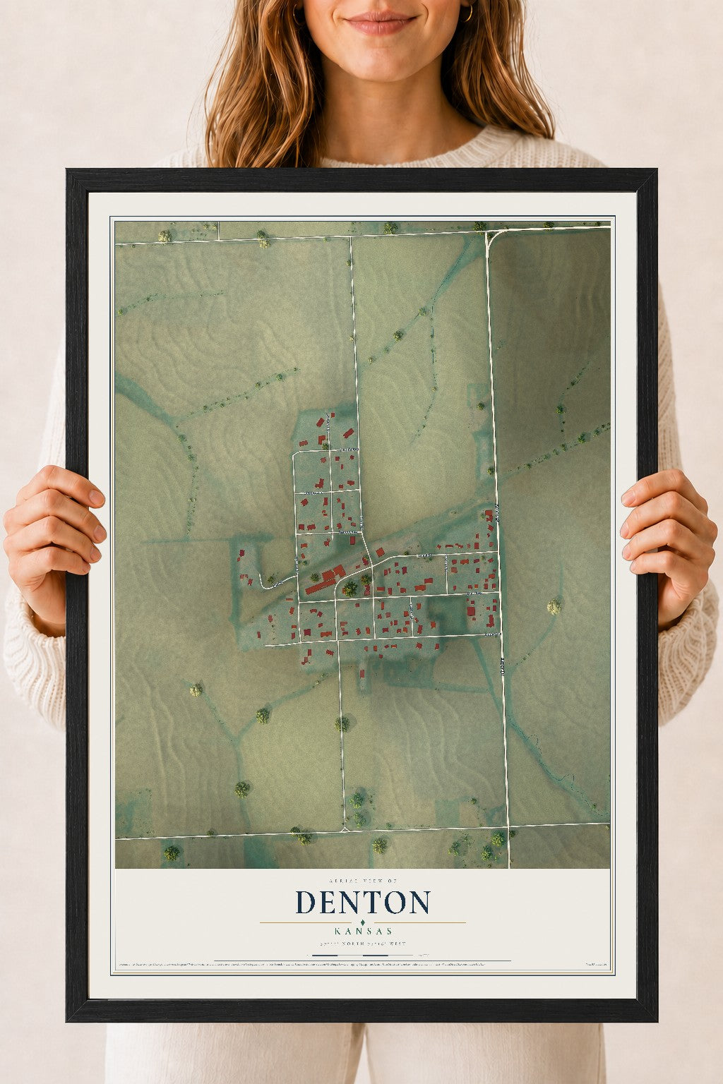 Map of Denton, Kansas, 18 x 24 inch print in a black wood frame