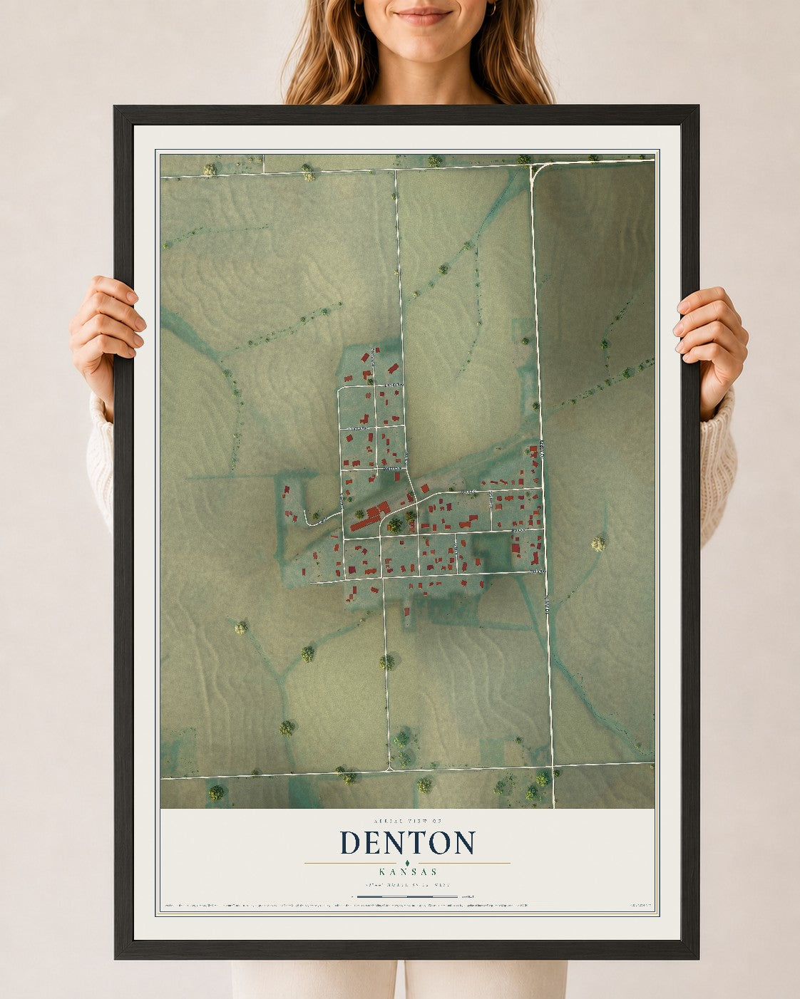 Map of Denton, Kansas, 24 x 36 inch print in a black wood frame