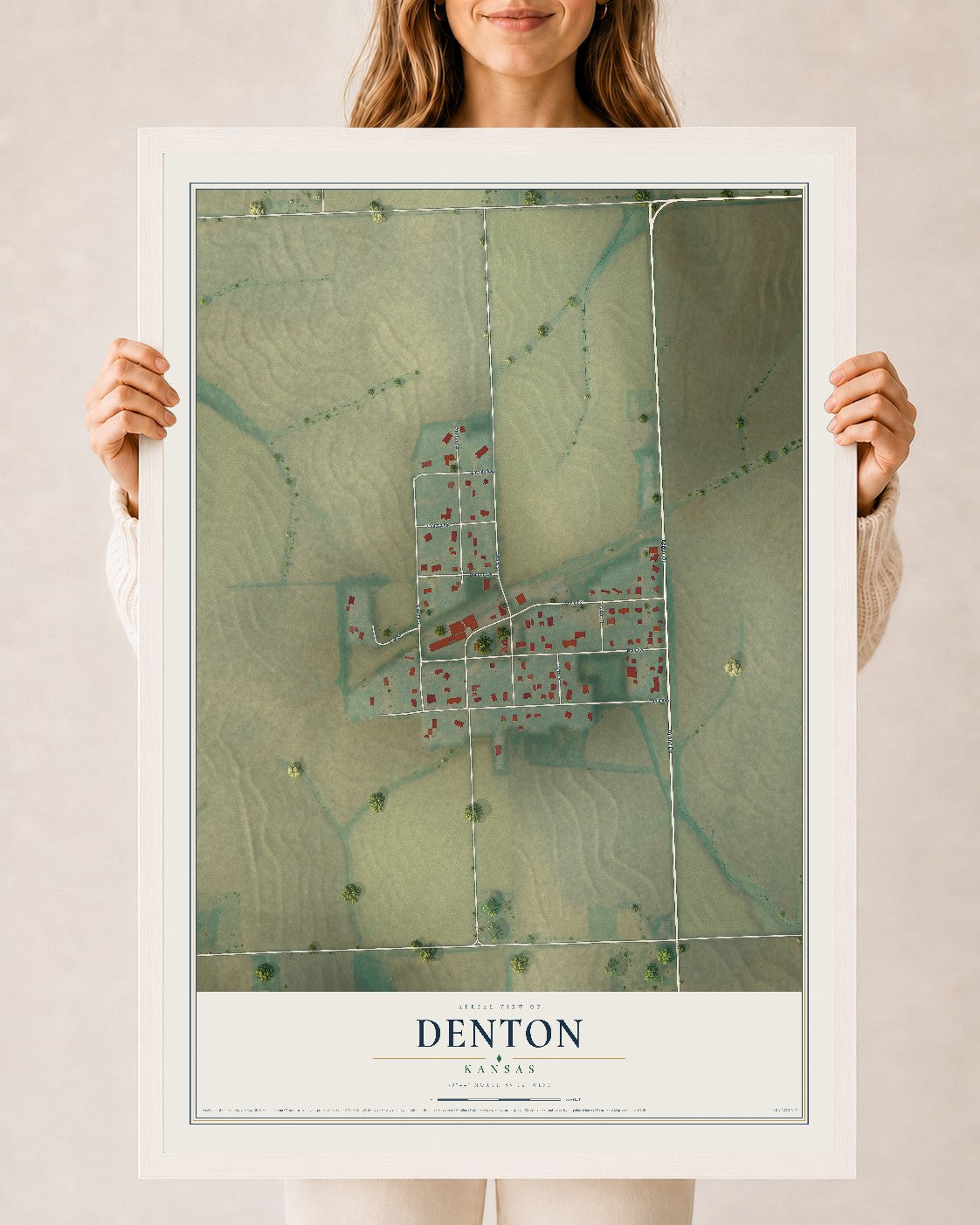 Map of Denton, Kansas, 24 x 36 inch print in a white wood frame