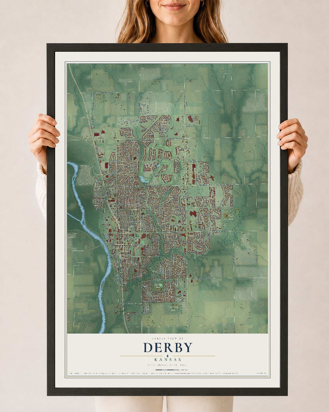 Map of Derby, Kansas, 24 x 36 inch print in a black wood frame