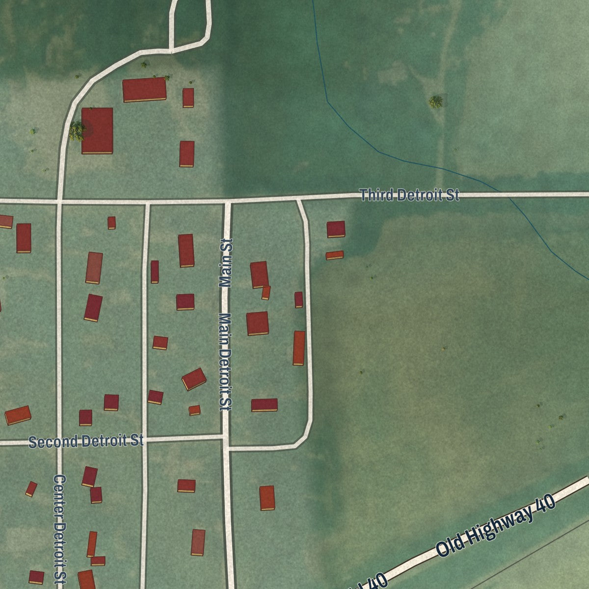 Close-up of the map of Detroit, Kansas print showing street and building detail