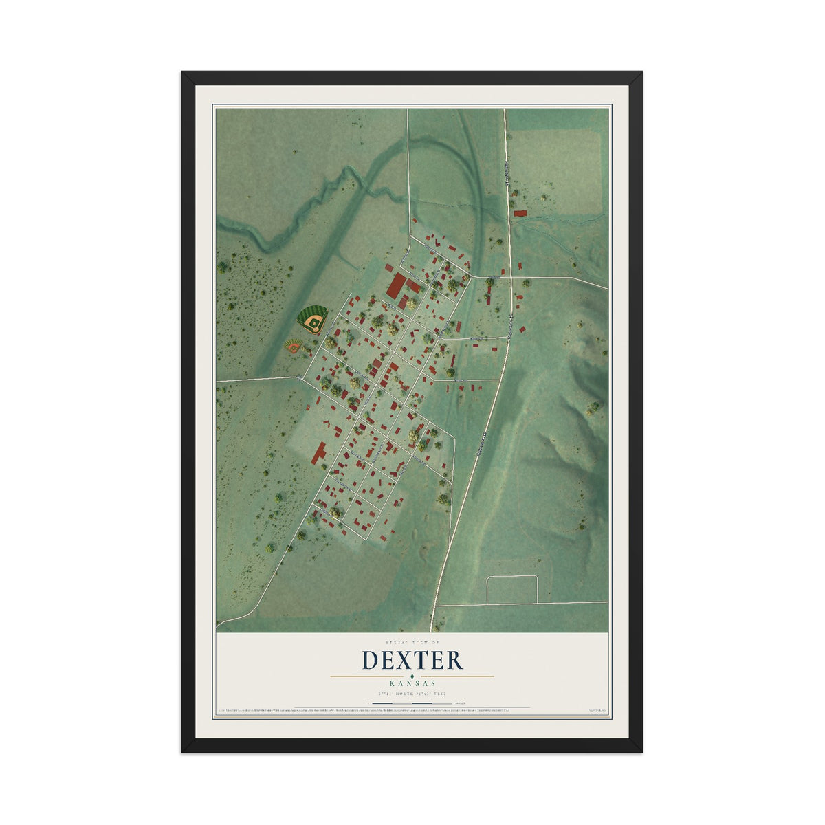 Map of Dexter, Kansas, 12 x 18 inch print in a black wood frame