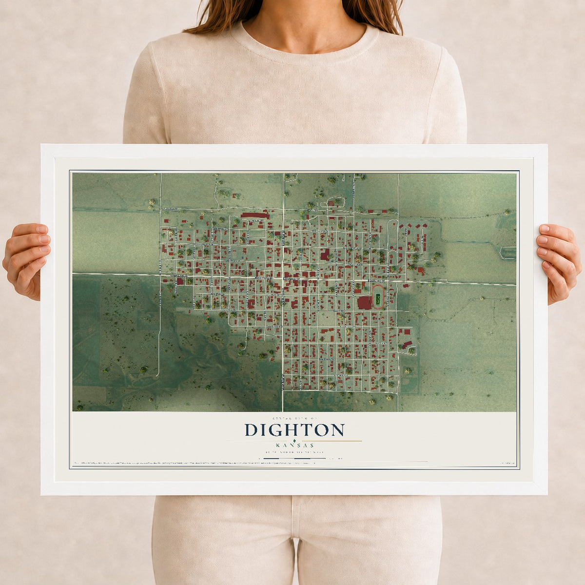 Map of Dighton, Kansas, 12 x 18 inch print in a white wood frame
