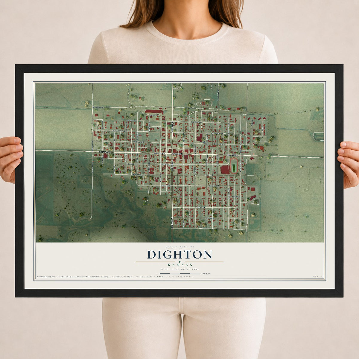 Map of Dighton, Kansas, 18 x 24 inch print in a black wood frame
