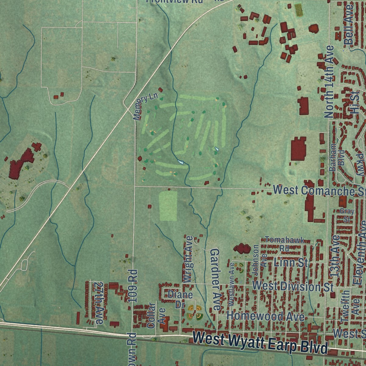Second close-up of the map of Dodge City, Kansas print showing more streets and buildings