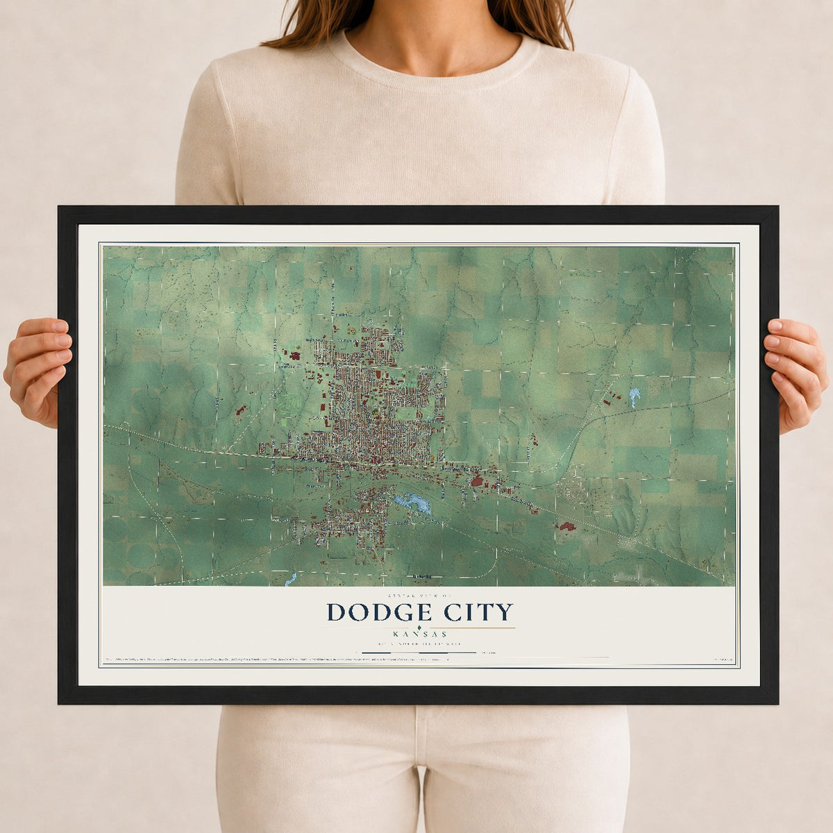 Map of Dodge City, Kansas, 12 x 18 inch print in a black wood frame