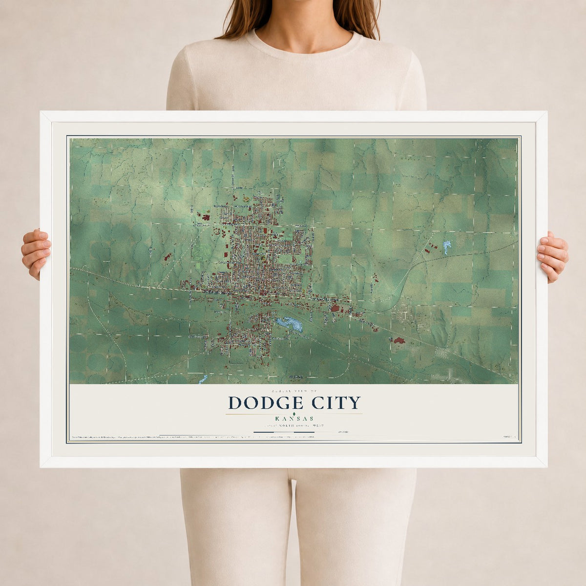 Map of Dodge City, Kansas, 24 x 36 inch print in a white wood frame