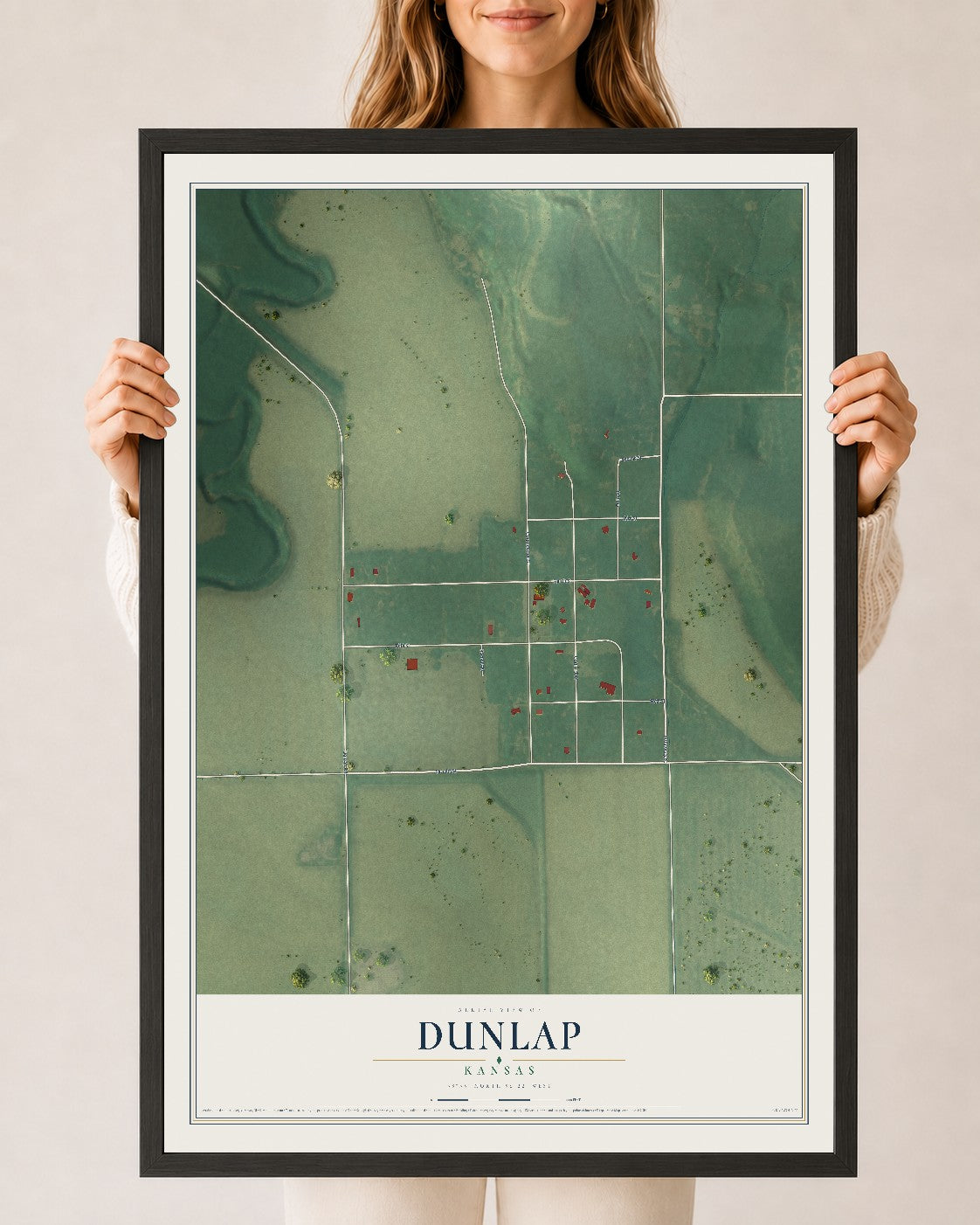 Map of Dunlap, Kansas, 24 x 36 inch print in a black wood frame