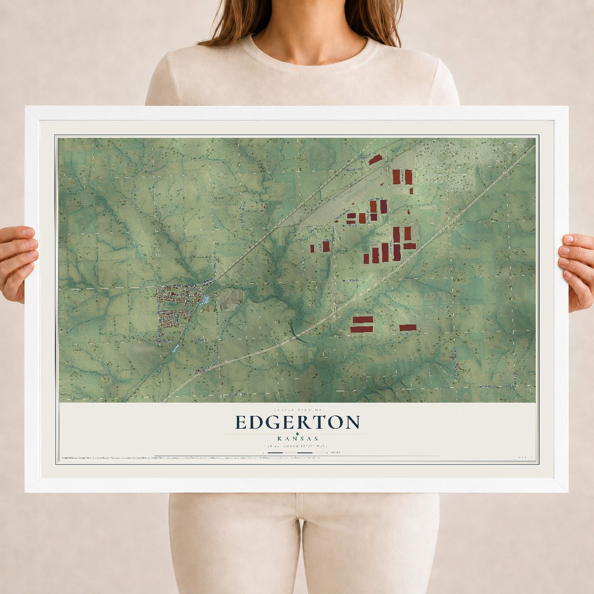 Map of Edgerton, Kansas, 18 x 24 inch print in a white wood frame