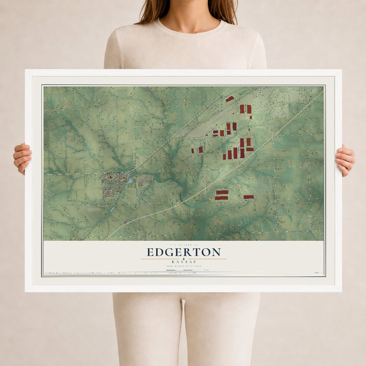 Map of Edgerton, Kansas, 24 x 36 inch print in a white wood frame