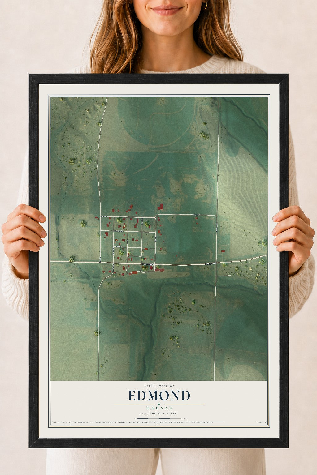 Map of Edmond, Kansas, 18 x 24 inch print in a black wood frame