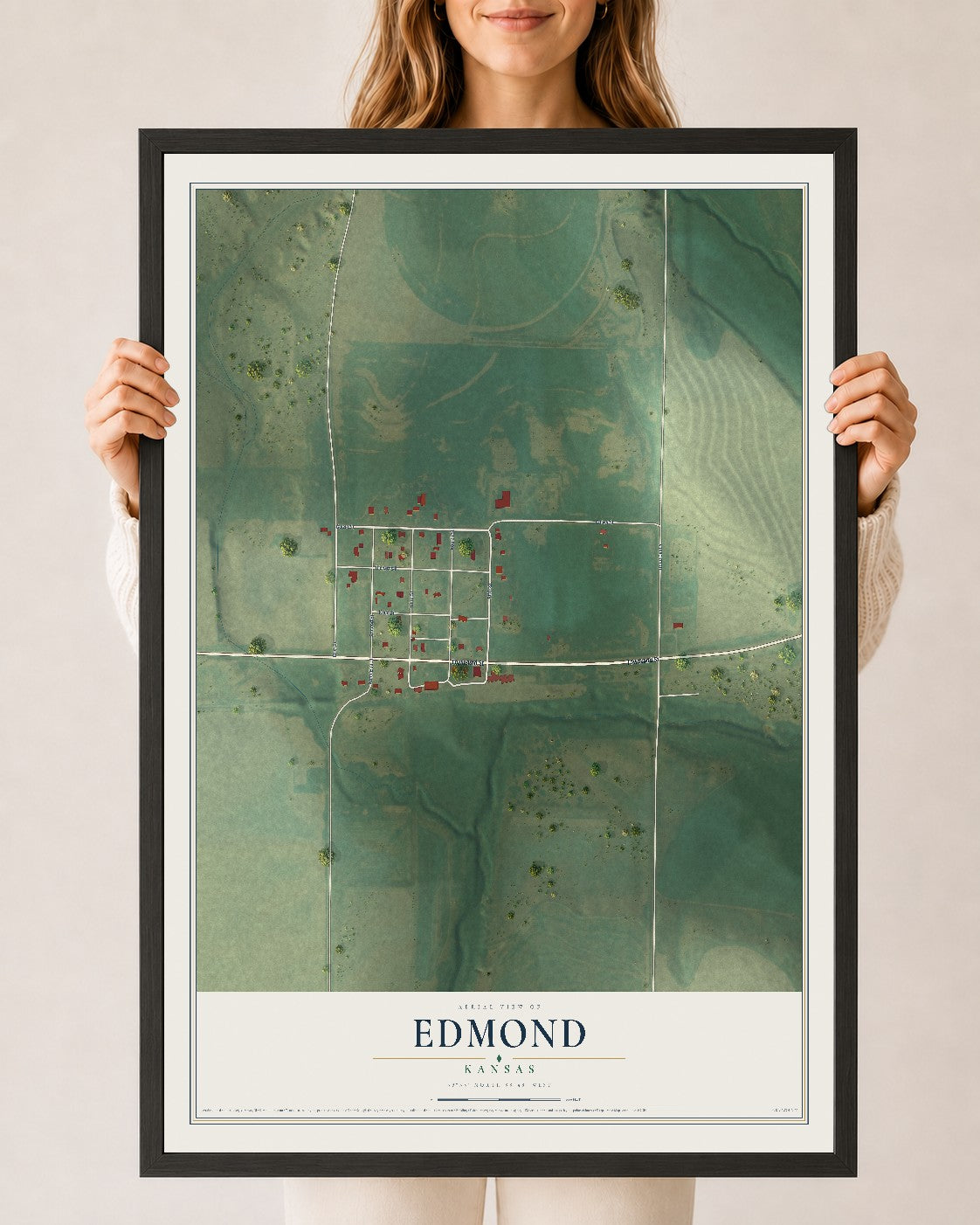 Map of Edmond, Kansas, 24 x 36 inch print in a black wood frame