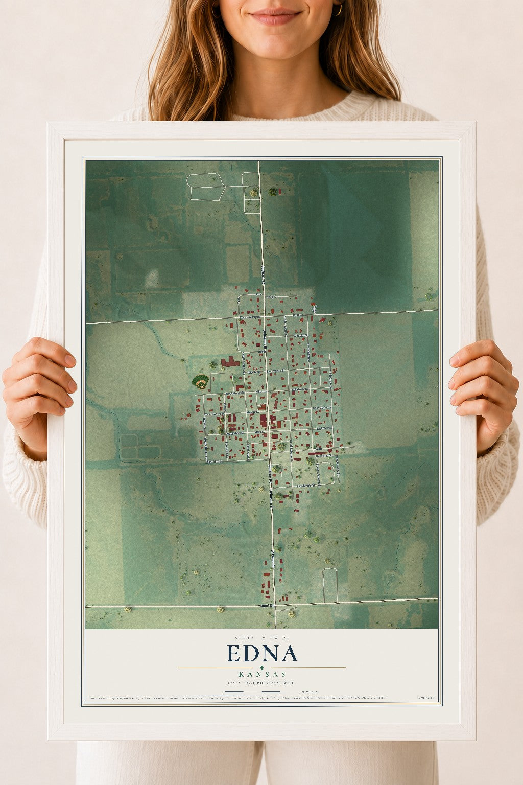 Map of Edna, Kansas, 18 x 24 inch print in a white wood frame