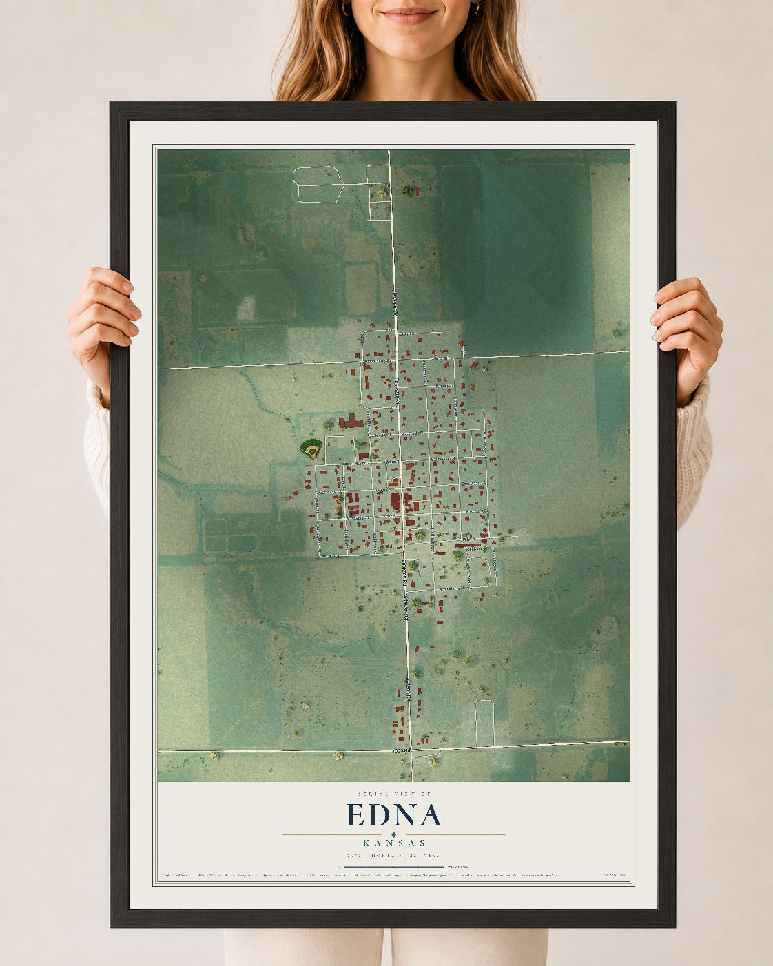 Map of Edna, Kansas, 24 x 36 inch print in a black wood frame