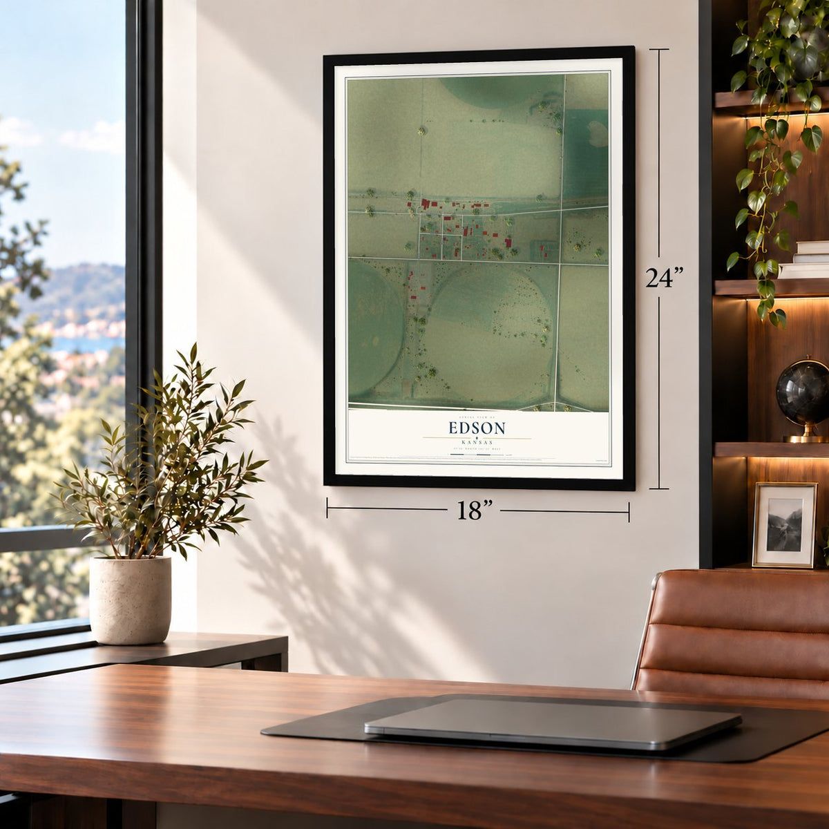 Edson, Kansas map, 18 x 24 inch print in a black frame in a home office