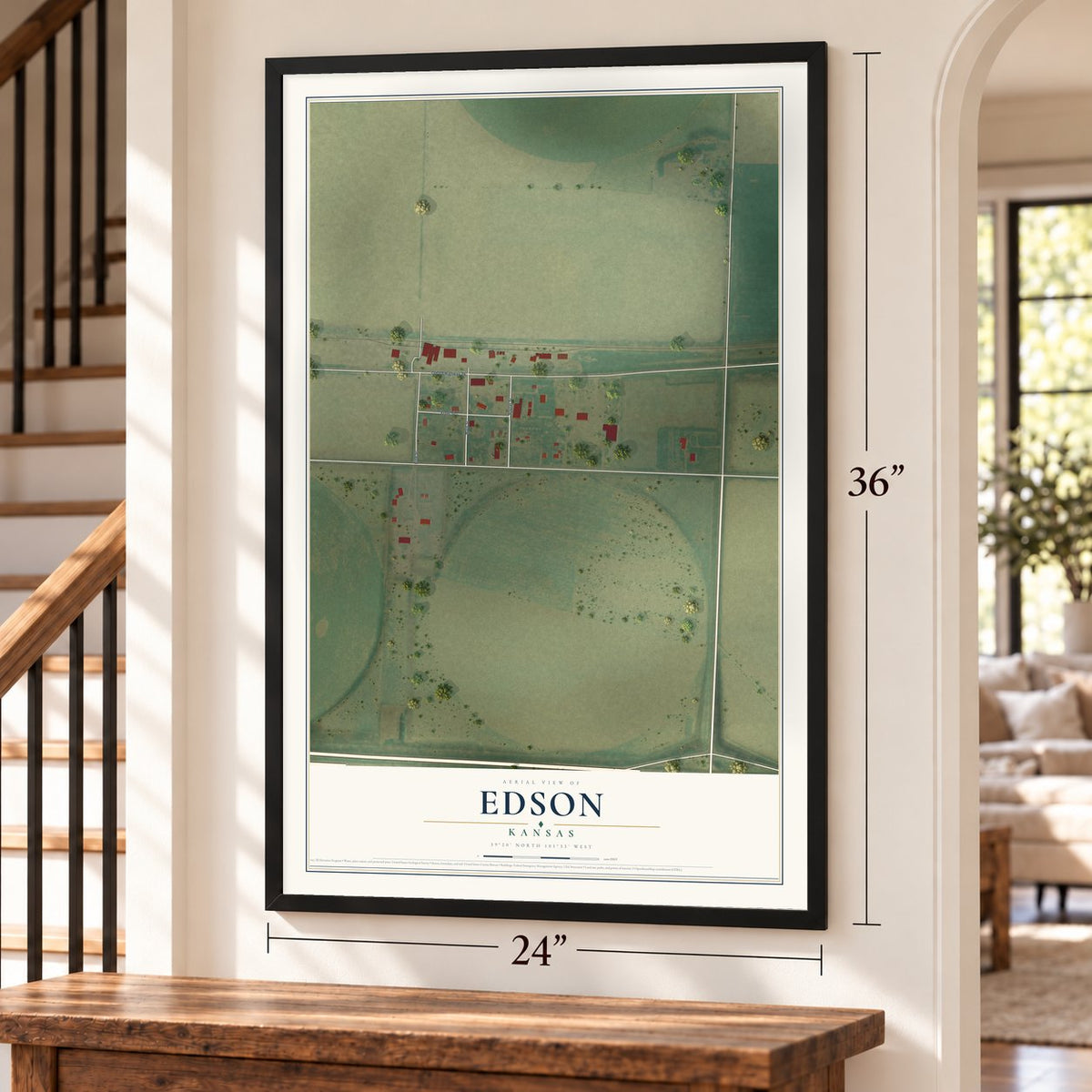 Edson, Kansas map, 24 x 36 inch print in a black frame by a staircase