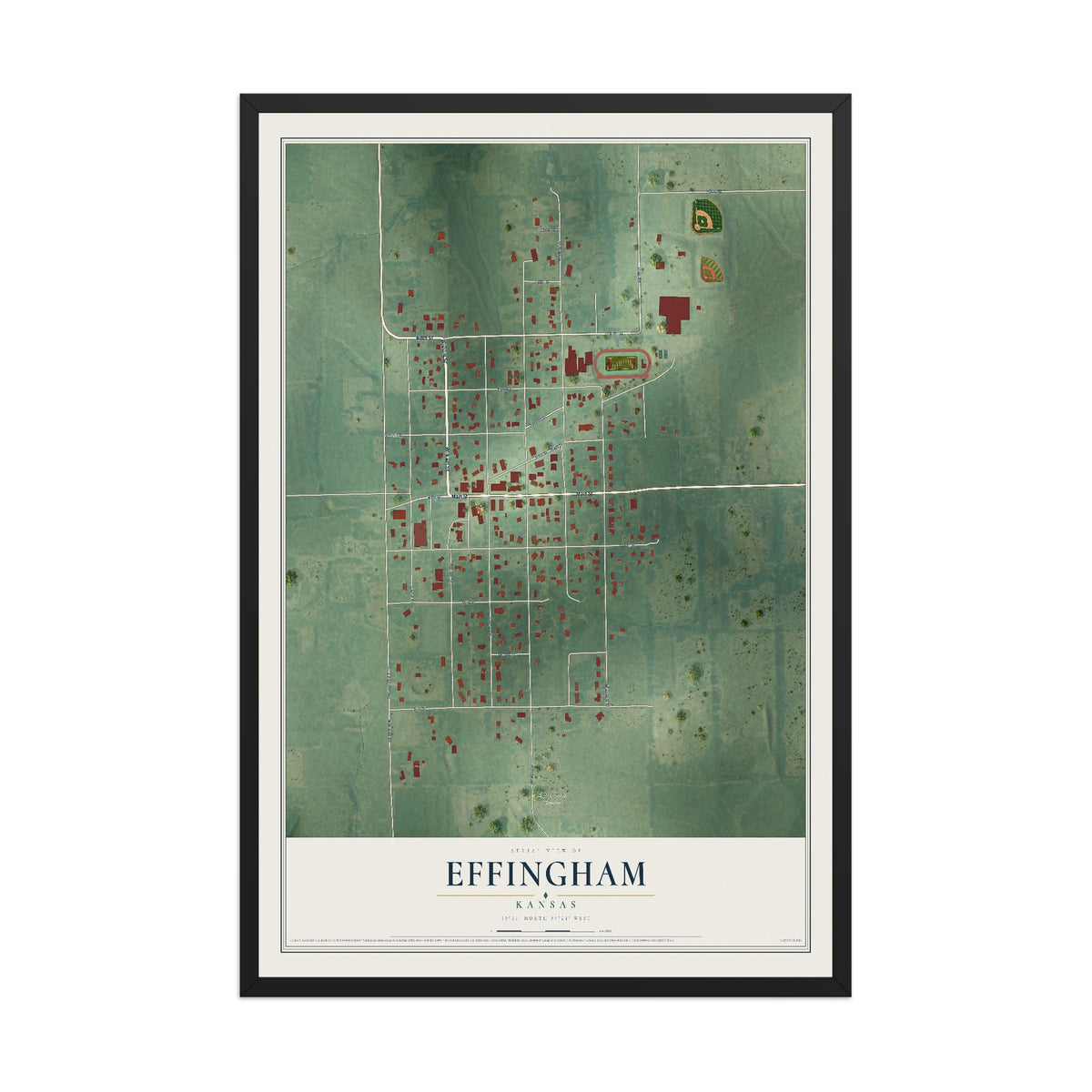 Map of Effingham, Kansas, 12 x 18 inch print in a black wood frame
