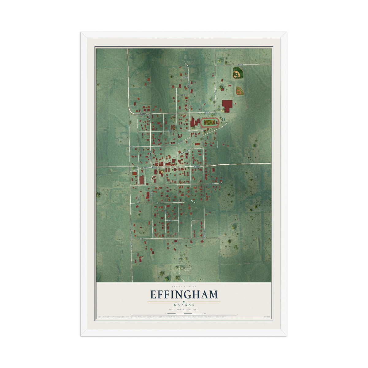 Map of Effingham, Kansas, 12 x 18 inch print in a white wood frame