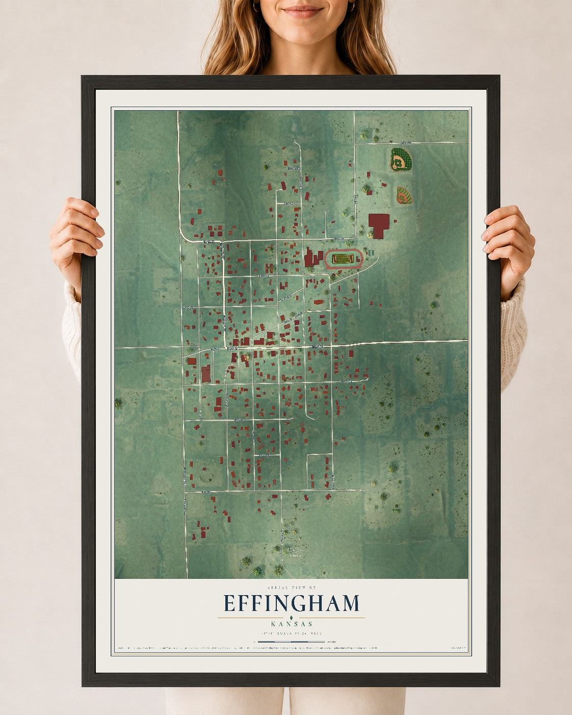 Map of Effingham, Kansas, 24 x 36 inch print in a black wood frame