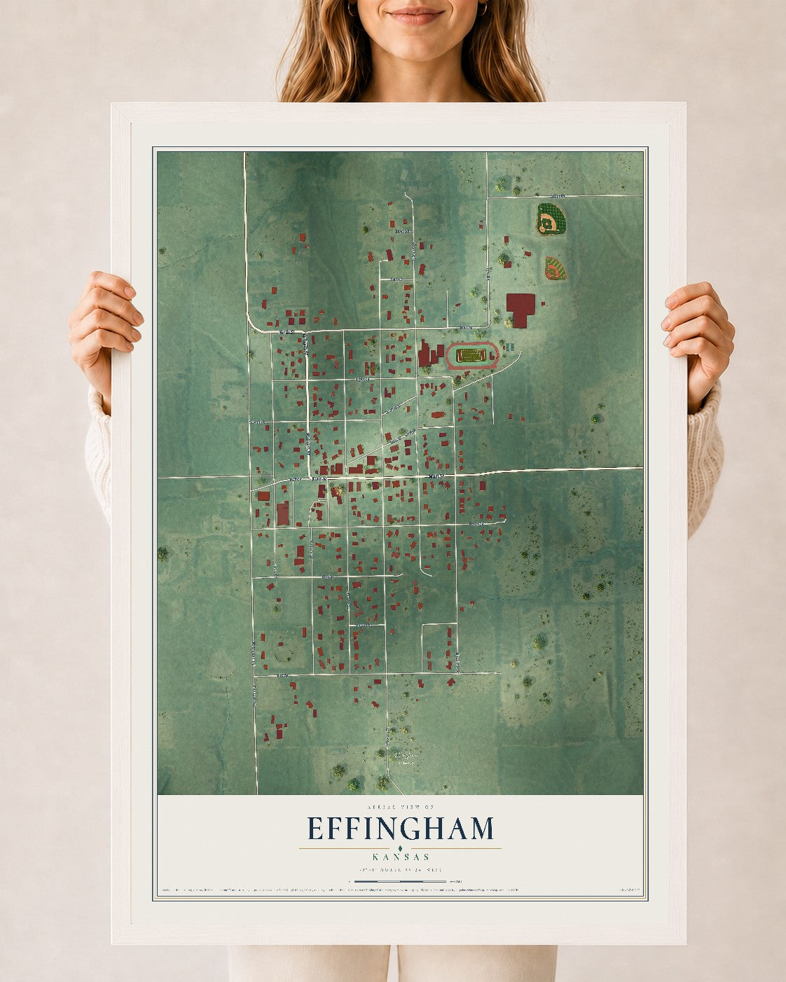 Map of Effingham, Kansas, 24 x 36 inch print in a white wood frame