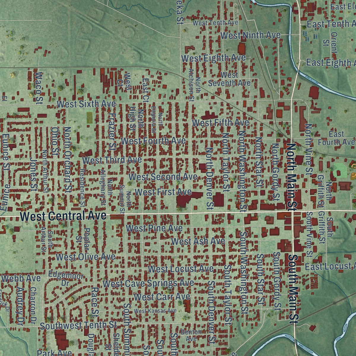 Close-up of the map of El Dorado, Kansas print showing street and building detail