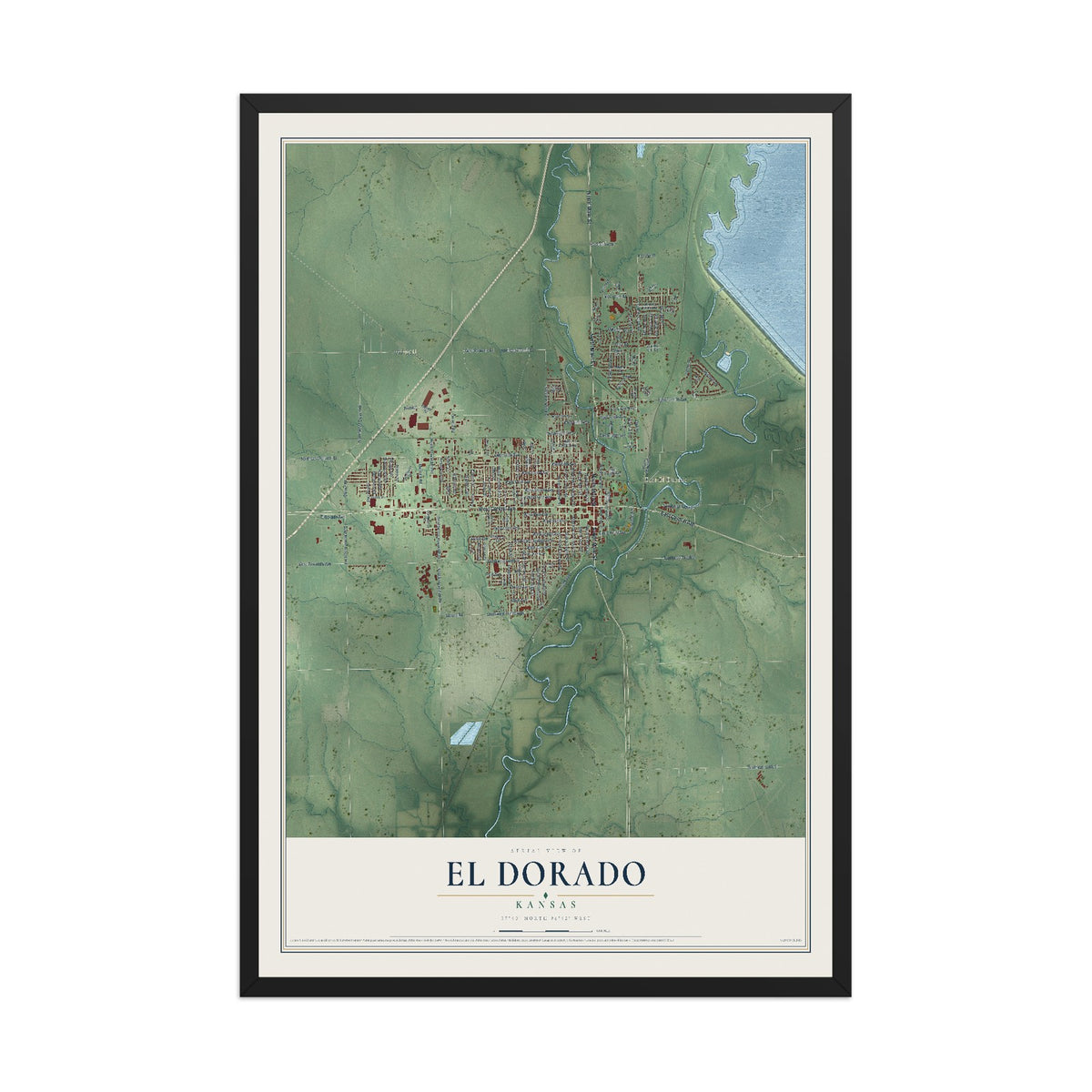Map of El Dorado, Kansas, 12 x 18 inch print in a black wood frame