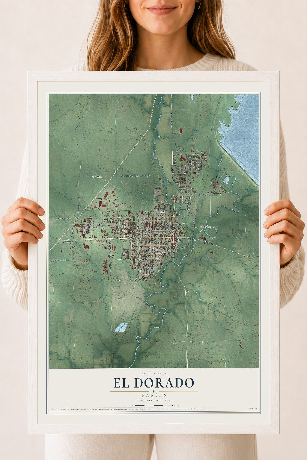 Map of El Dorado, Kansas, 18 x 24 inch print in a white wood frame