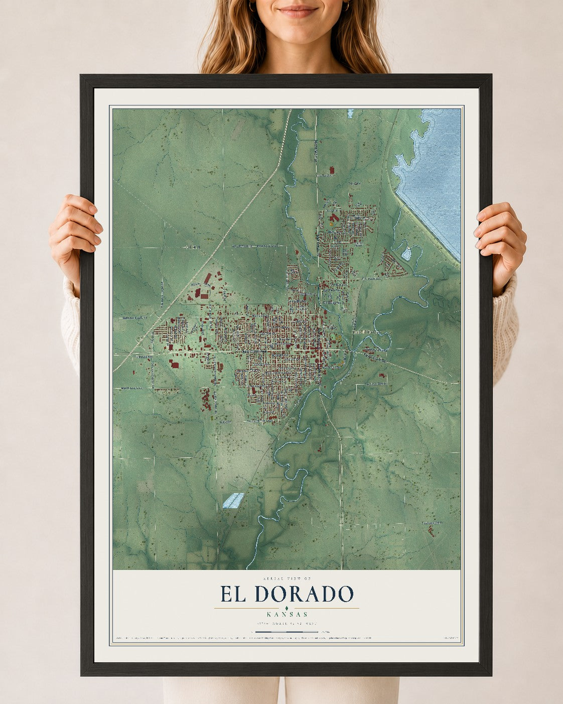 Map of El Dorado, Kansas, 24 x 36 inch print in a black wood frame