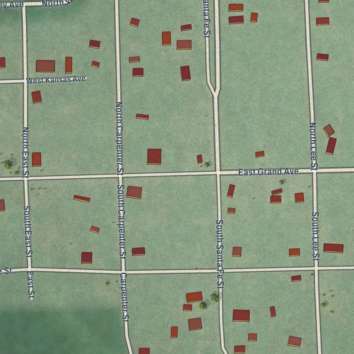 Close-up of the map of Elgin, Kansas print showing street and building detail