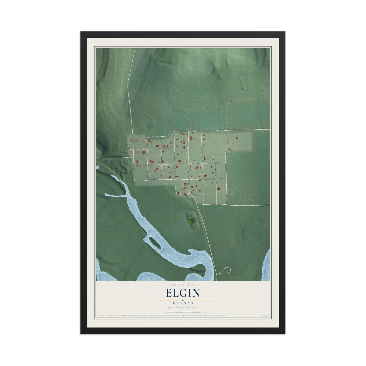Map of Elgin, Kansas, 12 x 18 inch print in a black wood frame