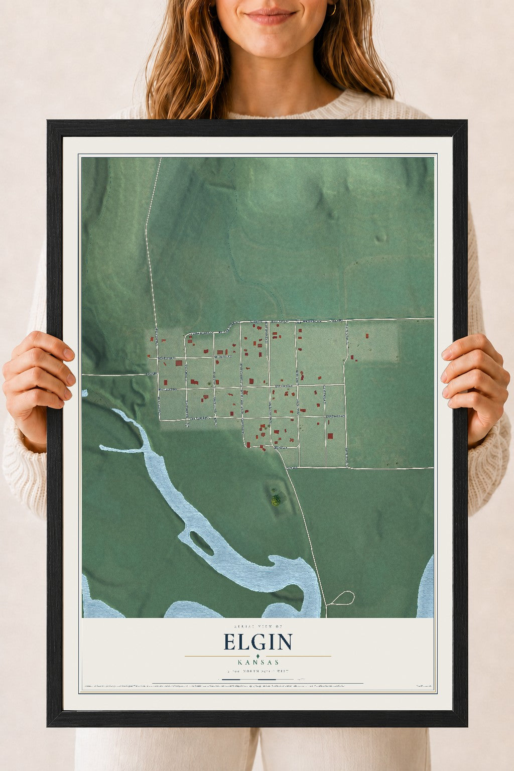 Map of Elgin, Kansas, 18 x 24 inch print in a black wood frame