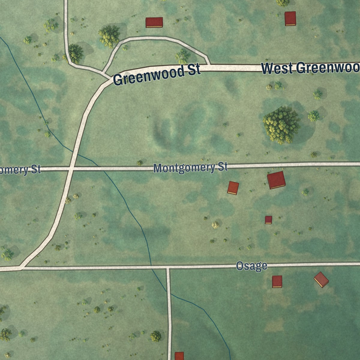 Second close-up of the map of Elk Falls, Kansas print showing more streets and buildings