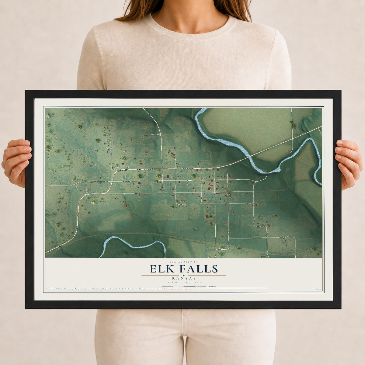 Map of Elk Falls, Kansas, 12 x 18 inch print in a black wood frame