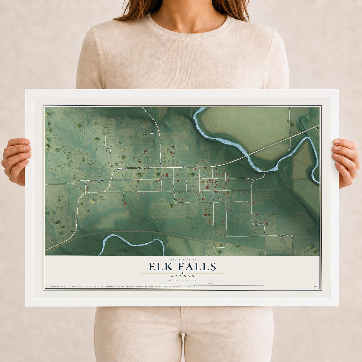 Map of Elk Falls, Kansas, 12 x 18 inch print in a white wood frame