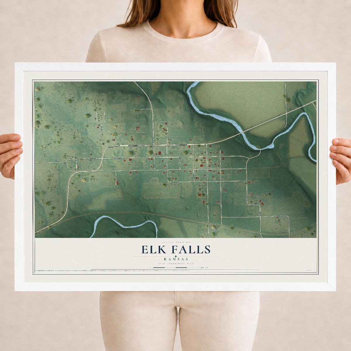 Map of Elk Falls, Kansas, 18 x 24 inch print in a white wood frame