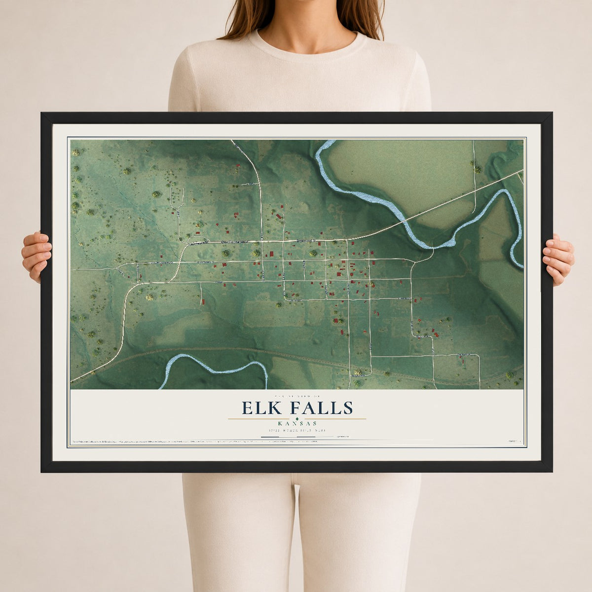 Map of Elk Falls, Kansas, 24 x 36 inch print in a black wood frame