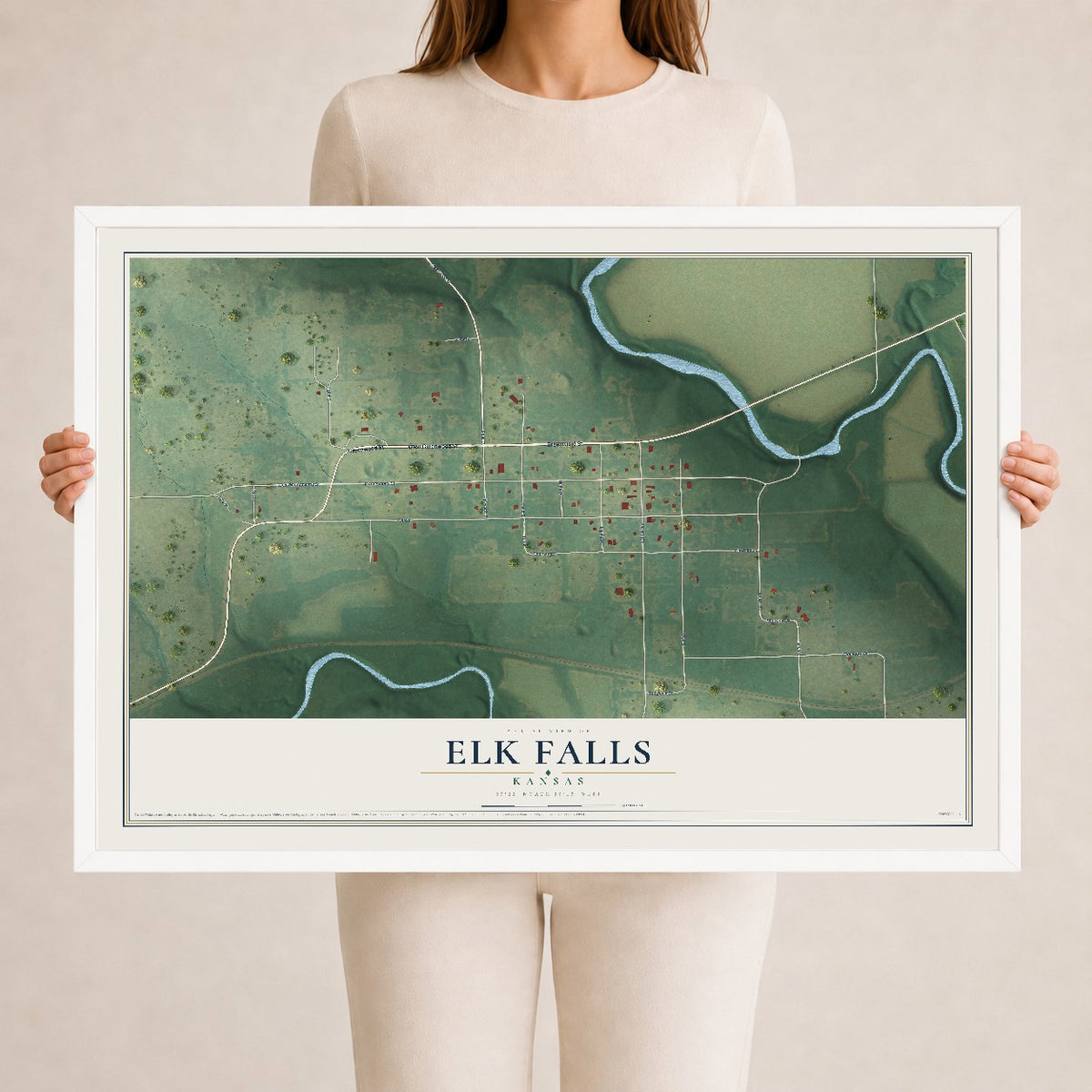 Map of Elk Falls, Kansas, 24 x 36 inch print in a white wood frame