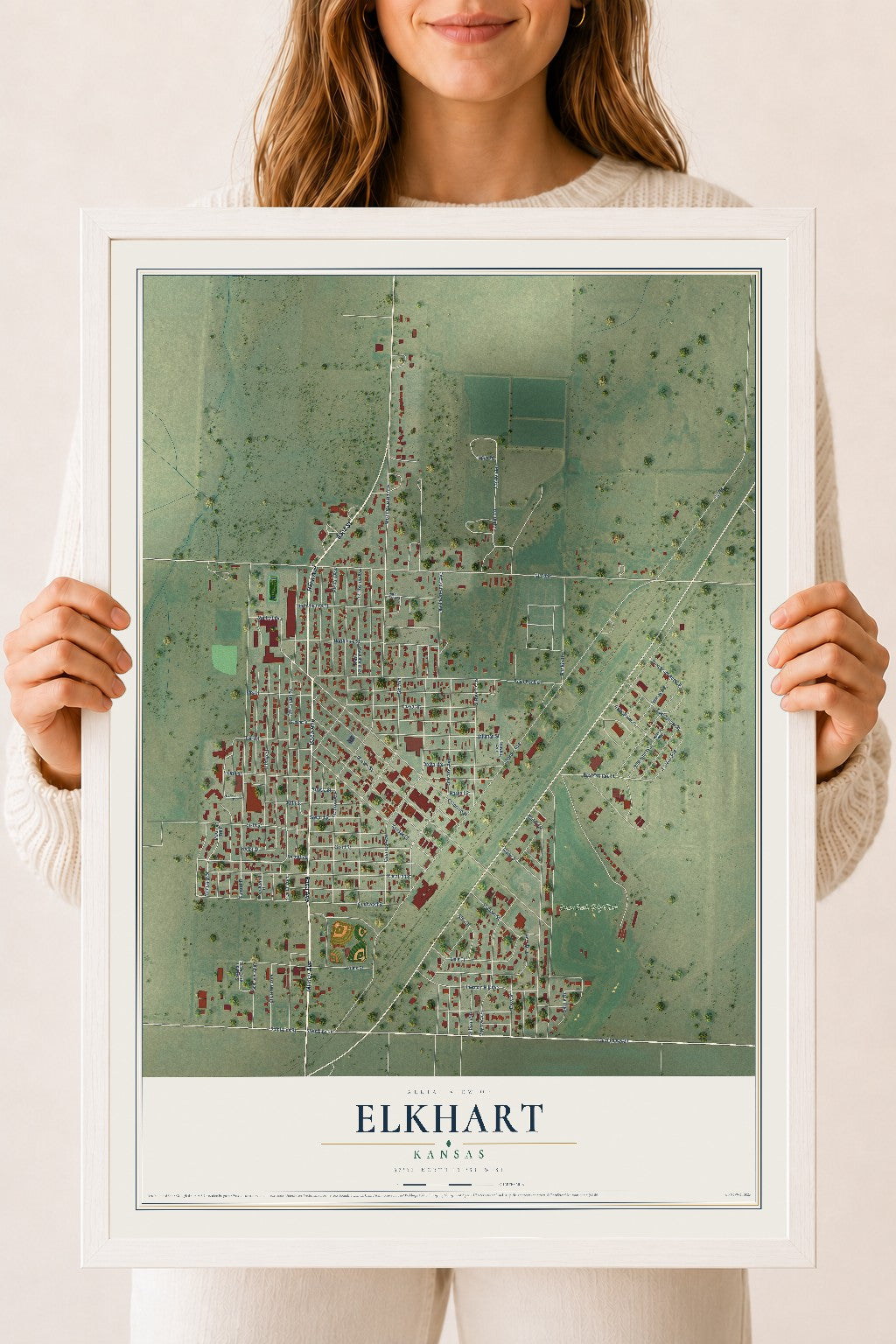 Map of Elkhart, Kansas, 18 x 24 inch print in a white wood frame