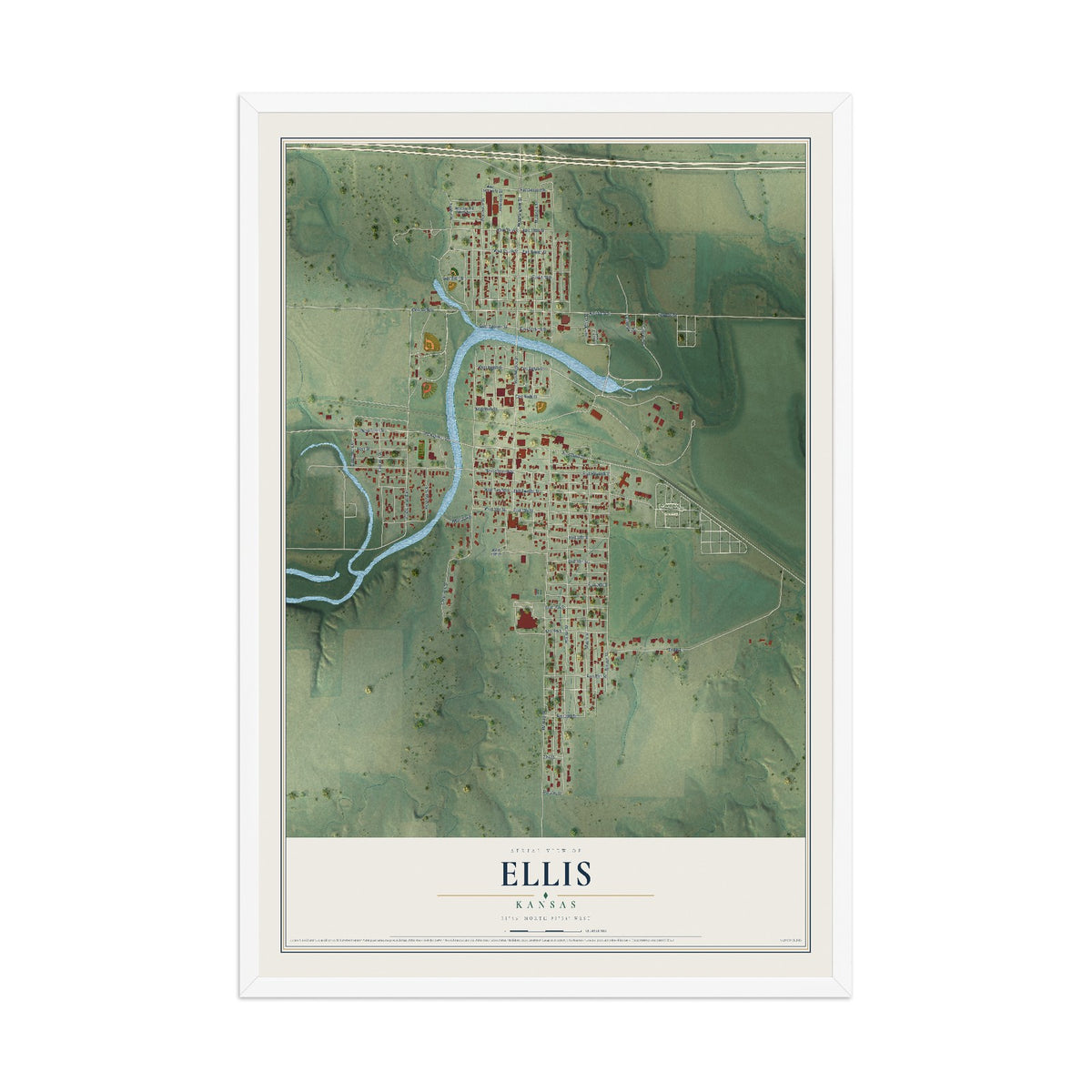 Map of Ellis, Kansas, 12 x 18 inch print in a white wood frame