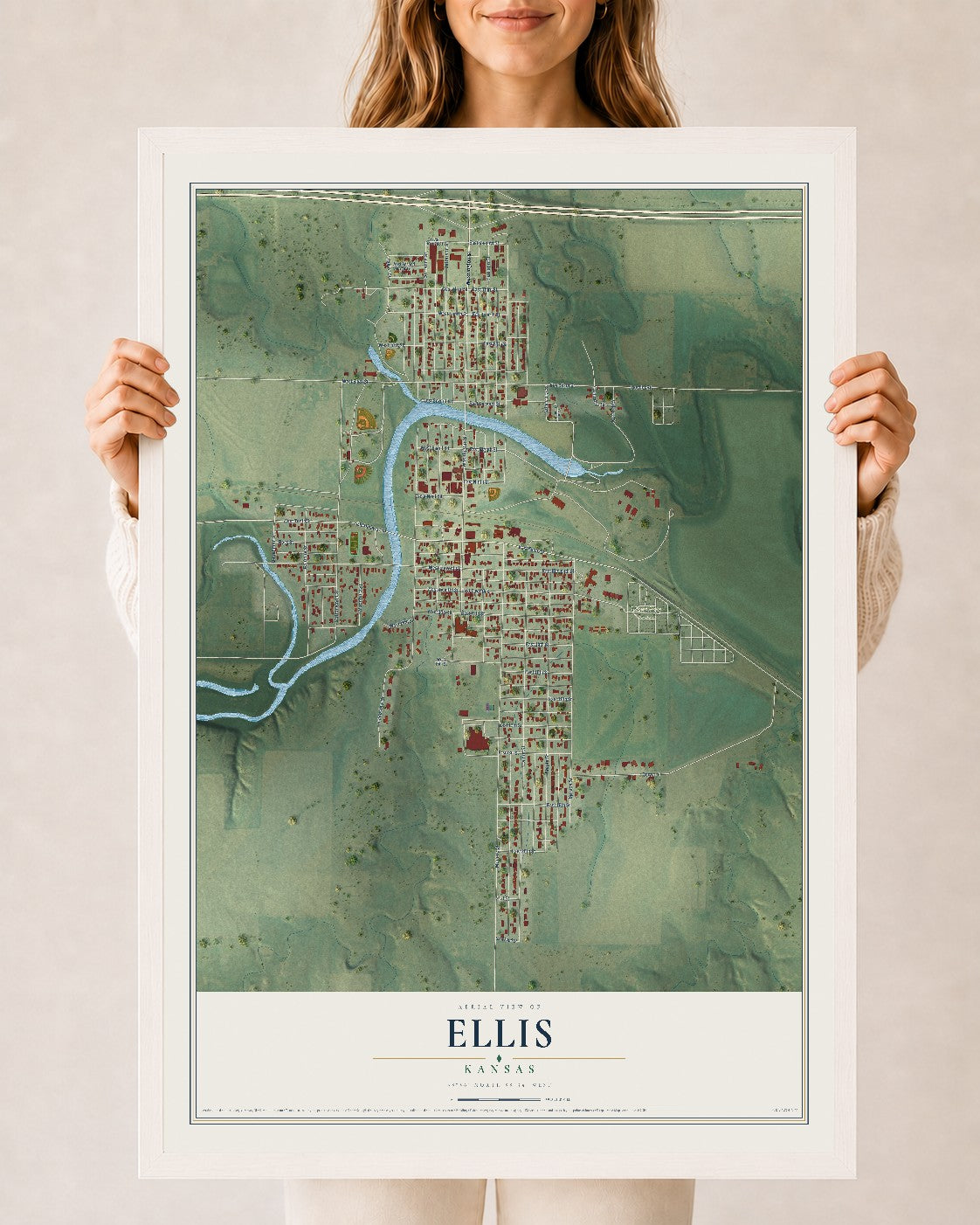 Map of Ellis, Kansas, 24 x 36 inch print in a white wood frame
