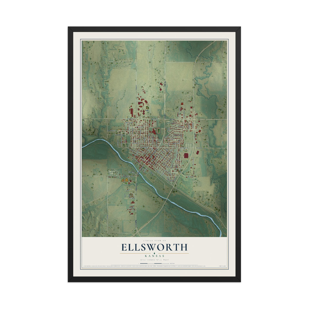 Map of Ellsworth, Kansas, 12 x 18 inch print in a black wood frame