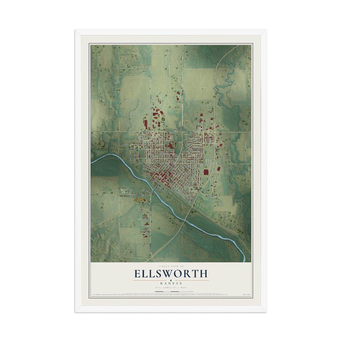 Map of Ellsworth, Kansas, 12 x 18 inch print in a white wood frame