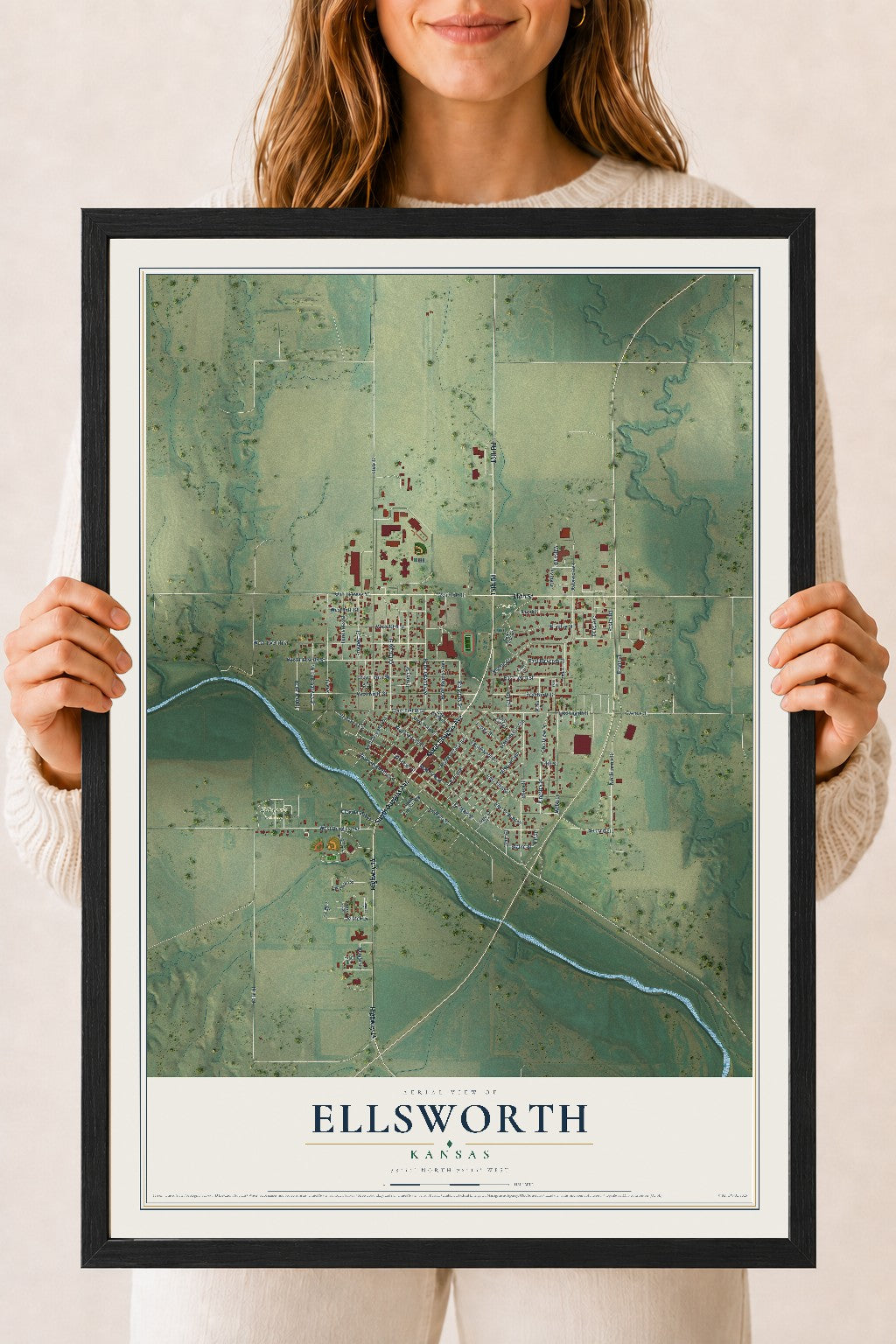 Map of Ellsworth, Kansas, 18 x 24 inch print in a black wood frame