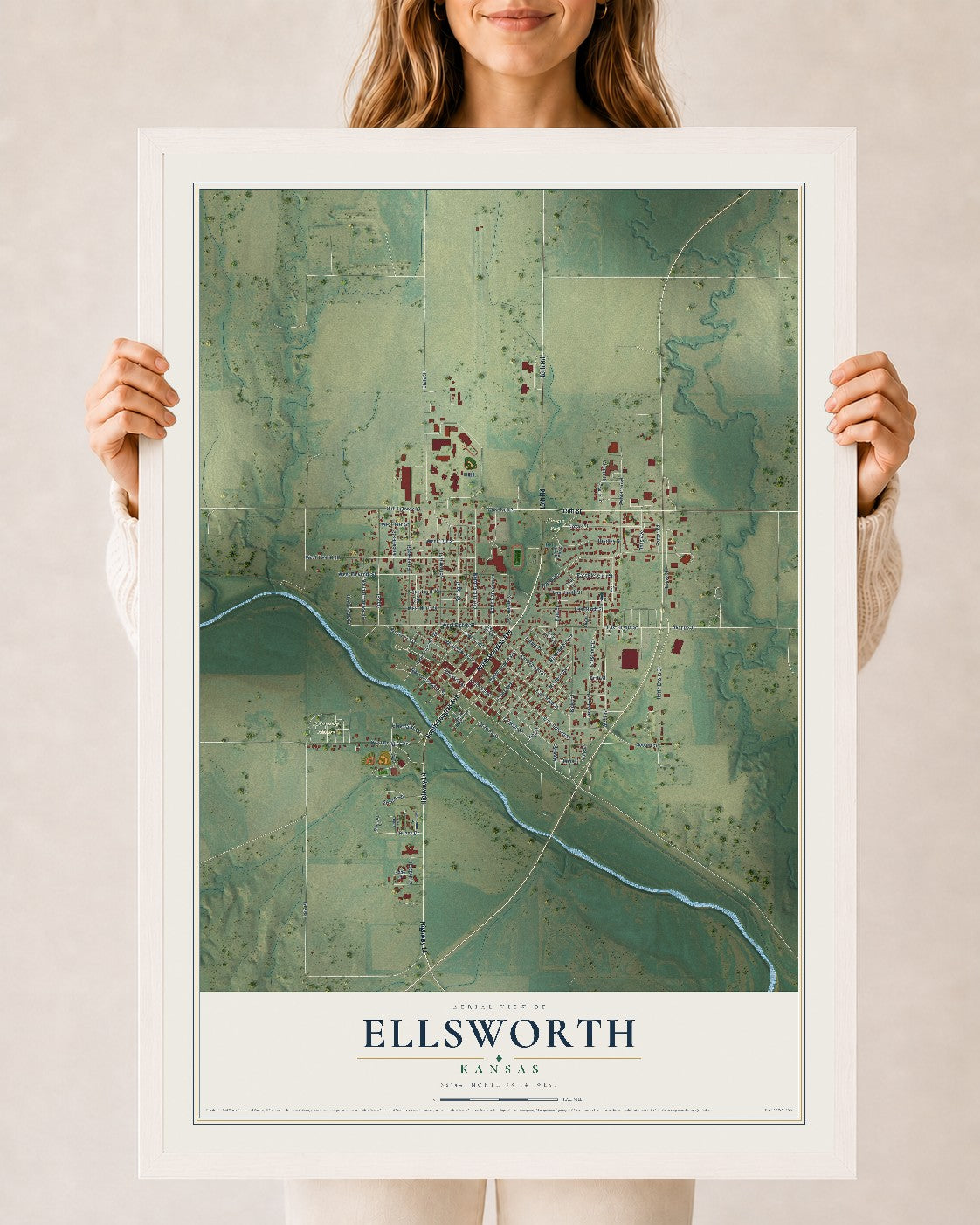 Map of Ellsworth, Kansas, 24 x 36 inch print in a white wood frame