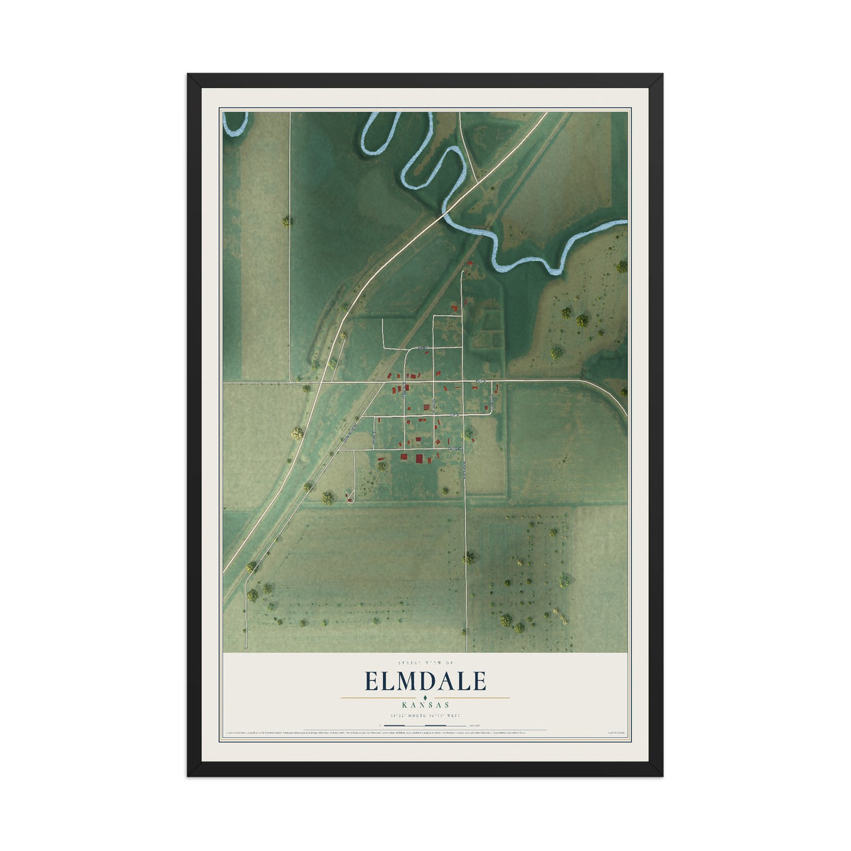 Map of Elmdale, Kansas, 12 x 18 inch print in a black wood frame