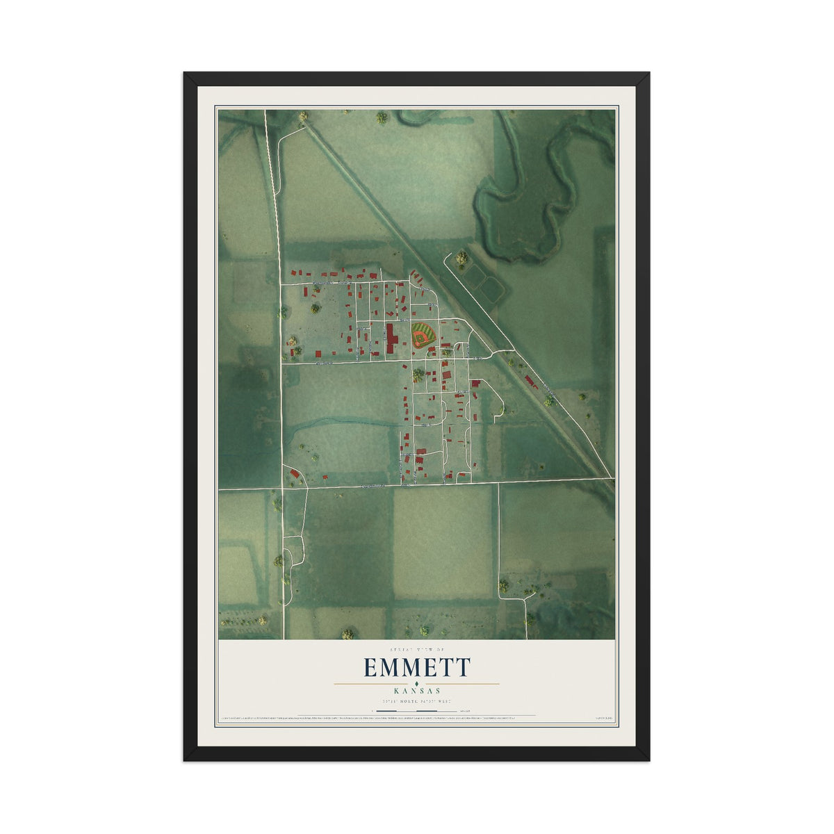 Map of Emmett, Kansas, 12 x 18 inch print in a black wood frame