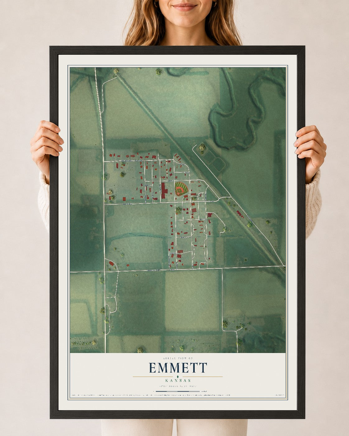 Map of Emmett, Kansas, 24 x 36 inch print in a black wood frame