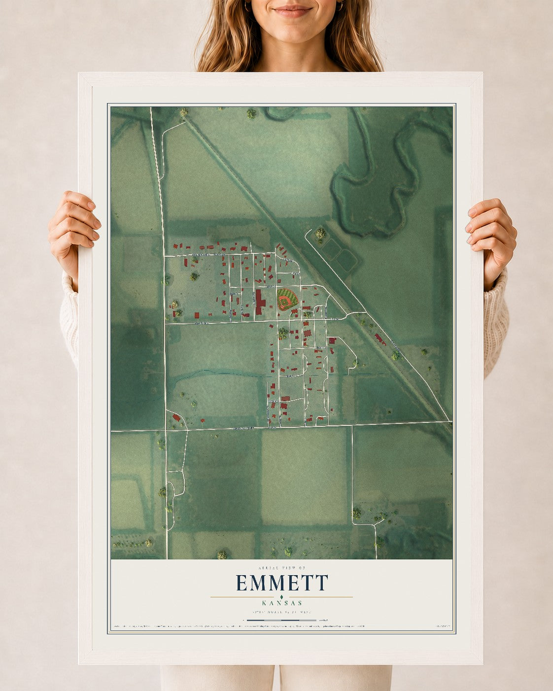 Map of Emmett, Kansas, 24 x 36 inch print in a white wood frame