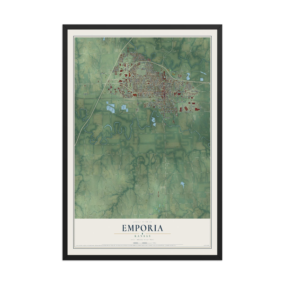 Map of Emporia, Kansas, 12 x 18 inch print in a black wood frame