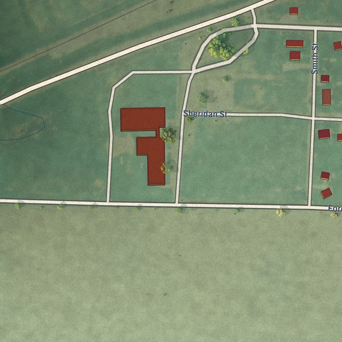 Second close-up of the map of Ensign, Kansas print showing more streets and buildings